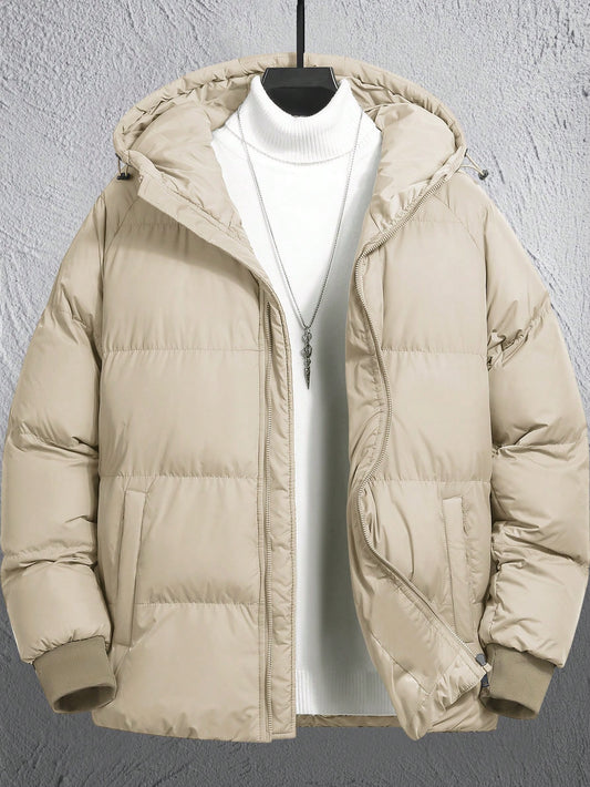 Manfinity Homme Men'S Loose Drawstring Hooded Zip-Up Padded Coat (No Sweater Included) Plain Going Out Casual Quilted Jacket