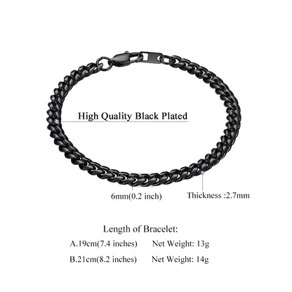 Men Chain Bracelet Black Cuban Curb Bracelet 6MM 8.3 Inch Wrist Bracelet Mens Stainless Steel Jewelry
